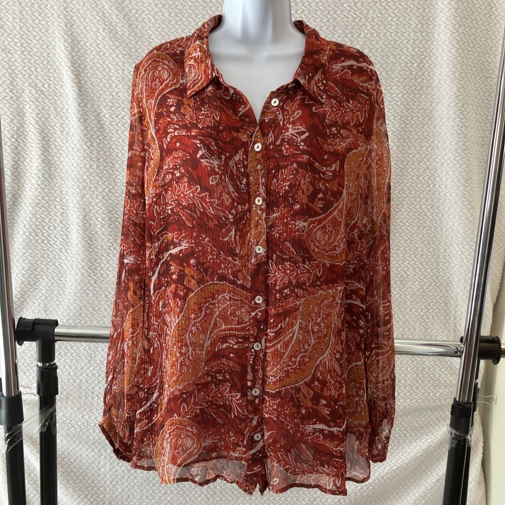 Soft Surroundings Top 1X‎ Paisley Chiffon Button Up Semi Sheer Boho Flattering